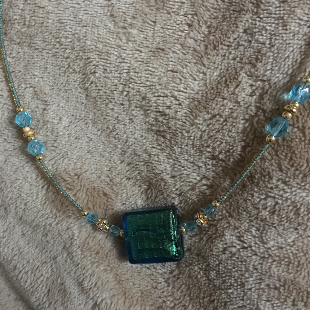 Blue Glass Pendant and Beaded Necklace